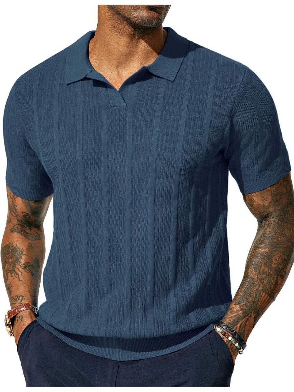 Men's Indigo-blue Button Polo Shirts Regular Fit Textured V-Neck Imported Golf